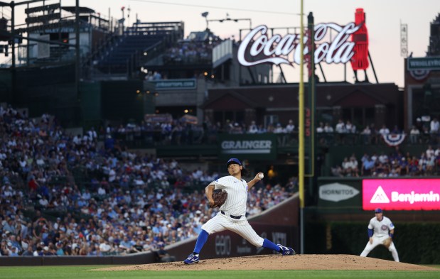 Chicago Cubs starting pitcher Shota Imanaga delivers to the Cleveland Guardians in the fourth inning of a game at Wrigley Field in Chicago on July 2, 2025. (Chris Sweda/Chicago Tribune)