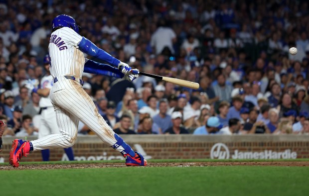 Chicago Cubs center fielder Pete Crow-Armstrong drives in a run on a triple in the fourth inning of a game against the Cleveland Guardians at Wrigley Field in Chicago on July 2, 2025. (Chris Sweda/Chicago Tribune)