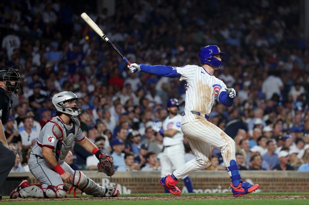 Chicago Cubs center fielder Pete Crow-Armstrong drives in a run on a triple in the fourth inning of a game against the Cleveland Guardians at Wrigley Field in Chicago on July 2, 2025. (Chris Sweda/Chicago Tribune)