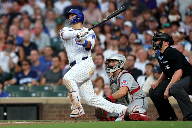Chicago Cubs designated hitter Seiya Suzuki drives in a run on a double in the third inning of a game against the Cleveland Guardians at Wrigley Field in Chicago on July 2, 2025. (Chris Sweda/Chicago Tribune)
