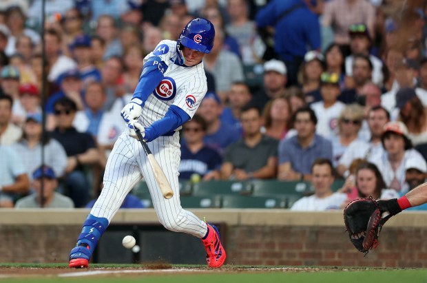 Chicago Cubs center fielder Pete Crow-Armstrong drives in a run on an infield single in the third inning of a game against the Cleveland Guardians at Wrigley Field in Chicago on July 2, 2025. (Chris Sweda/Chicago Tribune)