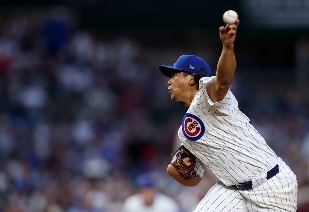 Chicago Cubs starting pitcher Shota Imanaga delivers to the Cleveland Guardians in the fourth inning of a game at Wrigley Field in Chicago on July 2, 2025. (Chris Sweda/Chicago Tribune)