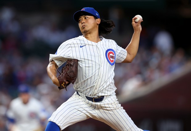 Chicago Cubs starting pitcher Shota Imanaga delivers to the Cleveland Guardians in the fourth inning of a game at Wrigley Field in Chicago on July 2, 2025. (Chris Sweda/Chicago Tribune)
