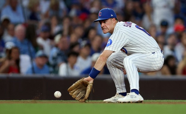 Chicago Cubs third baseman Matt Shaw plays a tricky ground ball in the fourth inning of a game against the Cleveland Guardians at Wrigley Field in Chicago on July 2, 2025. (Chris Sweda/Chicago Tribune)