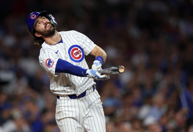 Chicago Cubs shortstop Dansby Swanson (7) fouls off a pitch during an at-bat in the fifth inning of a game against the Cleveland Guardians at Wrigley Field in Chicago on July 2, 2025. (Chris Sweda/Chicago Tribune)