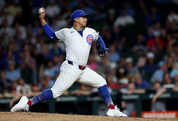 Chicago Cubs relief pitcher Daniel Palencia delivers to the Cleveland Guardians in the ninth inning of a game at Wrigley Field in Chicago on July 2, 2025. (Chris Sweda/Chicago Tribune)