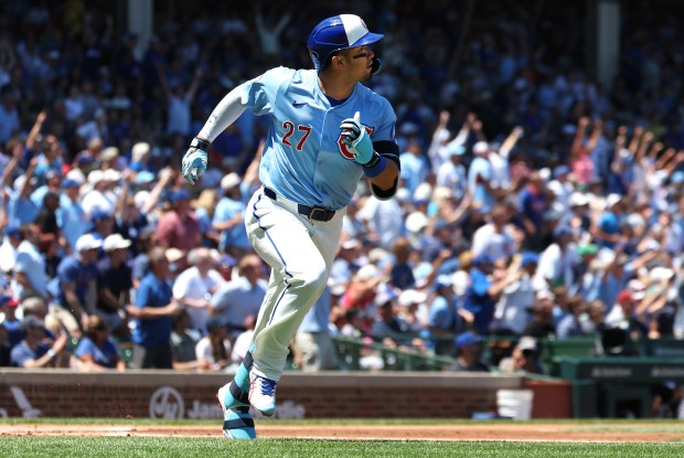 Cubs designated hitter Seiya Suzuki rounds the bases after hitting a three-run home run in the first inning against the Red Sox on July 18, 2025, at Wrigley Field. (Chris Sweda/Chicago Tribune)