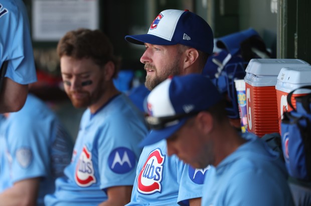 Cubs starter Colin Rea sits in the dugout after the fifth inning against the Red Sox on July 18, 2025, at Wrigley Field. (Chris Sweda/Chicago Tribune)