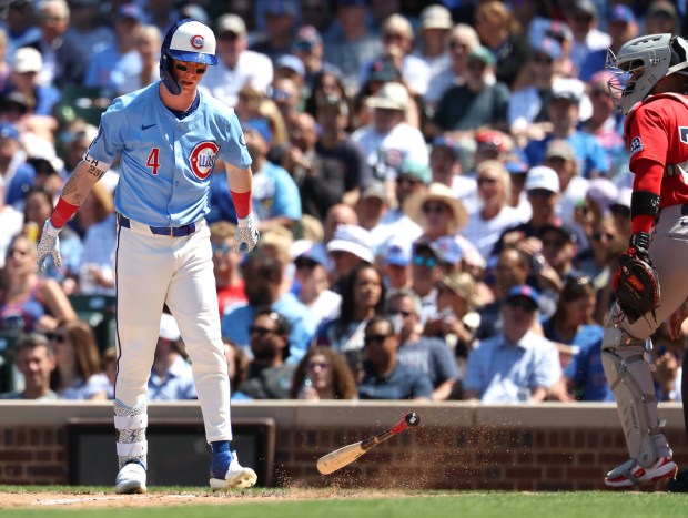 Cubs center fielder Pete Crow-Armstrong throws his bat to the ground after striking out to end the fifth inning against the Red Sox on July 18, 2025, at Wrigley Field. (Chris Sweda/Chicago Tribune)