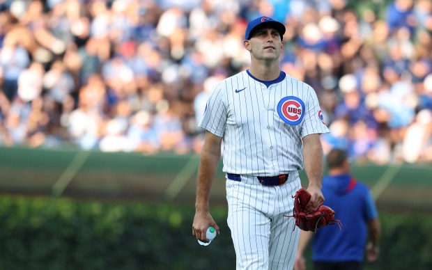 Chicago Cubs starting pitcher Matthew Boyd walks on the field before facing the Kansas City Royals at Wrigley Field in Chicago on July 22, 2025. (Chris Sweda/Chicago Tribune)