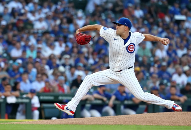 Chicago Cubs starting pitcher Matthew Boyd delivers to the Kansas City Royals in the first inning of a game at Wrigley Field in Chicago on July 22, 2025. (Chris Sweda/Chicago Tribune)