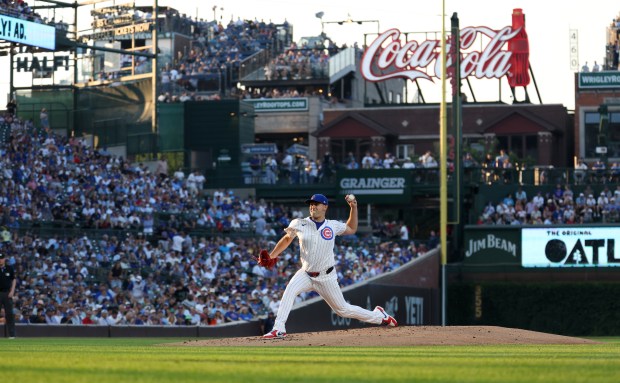 Chicago Cubs starting pitcher Matthew Boyd delivers to the Kansas City Royals in the second inning of a game at Wrigley Field in Chicago on July 22, 2025. (Chris Sweda/Chicago Tribune)