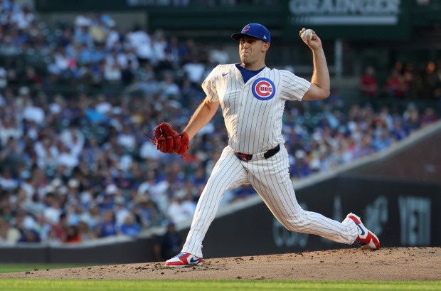 Chicago Cubs starting pitcher Matthew Boyd delivers to the Kansas City Royals in the second inning of a game at Wrigley Field in Chicago on July 22, 2025. (Chris Sweda/Chicago Tribune)