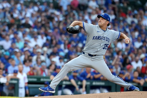 Kansas City Royals starting pitcher Rich Hill delivers to the Chicago Cubs in the first inning of a game at Wrigley Field in Chicago on July 22, 2025. (Chris Sweda/Chicago Tribune)