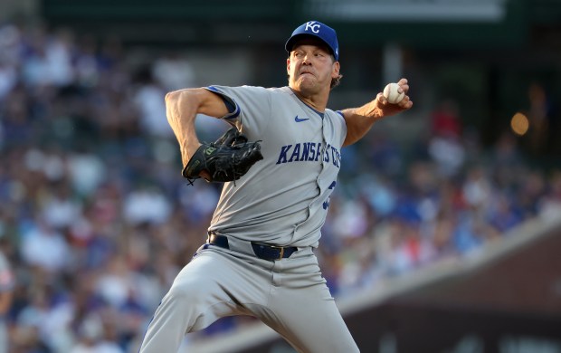 Kansas City Royals starting pitcher Rich Hill delivers to the Chicago Cubs in the second inning of a game at Wrigley Field in Chicago on July 22, 2025. (Chris Sweda/Chicago Tribune)