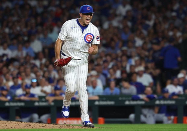 Chicago Cubs starting pitcher Matthew Boyd celebrates after closing out the Kansas City Royals with a strikeout to end the seventh inning of a game at Wrigley Field in Chicago on July 22, 2025. (Chris Sweda/Chicago Tribune)