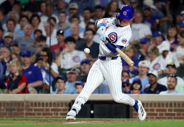 Chicago Cubs center fielder Pete Crow-Armstrong drives in a run on a double in the fifth inning of a game against the Kansas City Royals at Wrigley Field in Chicago on July 22, 2025. Crow-Armstrong was tagged out at third base trying to stretch his double into a triple to end the inning. (Chris Sweda/Chicago Tribune)