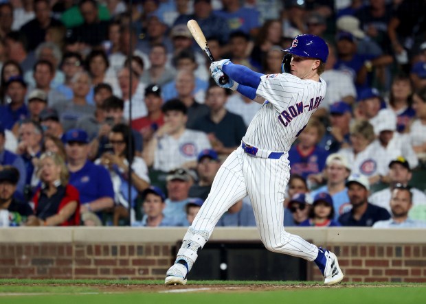 Chicago Cubs center fielder Pete Crow-Armstrong drives in a run on a double in the fifth inning of a game against the Kansas City Royals at Wrigley Field in Chicago on July 22, 2025. Crow-Armstrong was tagged out at third base trying to stretch his double into a triple to end the inning. (Chris Sweda/Chicago Tribune)