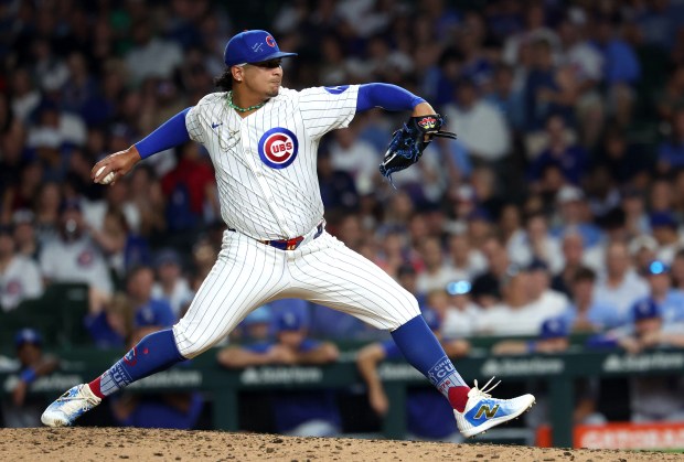 Chicago Cubs pitcher Daniel Palencia delivers to the Kansas City Royals in the ninth inning of a game at Wrigley Field in Chicago on July 22, 2025. (Chris Sweda/Chicago Tribune)