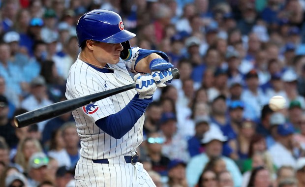 Chicago Cubs third baseman Matt Shaw drives in a run on an infield single in the second inning of a game against the Kansas City Royals at Wrigley Field in Chicago on July 22, 2025. (Chris Sweda/Chicago Tribune)