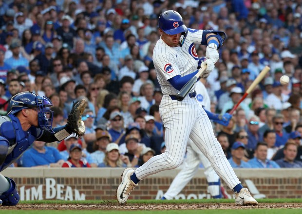 Chicago Cubs second baseman Nico Hoerner drives in a run on a fielders choice in the second inning of a game against the Kansas City Royals at Wrigley Field in Chicago on July 22, 2025. (Chris Sweda/Chicago Tribune)