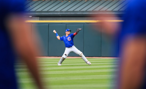 Cubs catcher Reese McGuire warms up for a game against the White Sox on July 25, 2025, at Rate Field. (John J. Kim/Chicago Tribune)