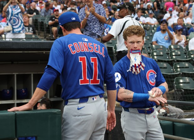 Cubs center fielder Pete Crow-Armstrong, right, prepares for a game against the White Sox on July 25, 2025, at Rate Field. (John J. Kim/Chicago Tribune)