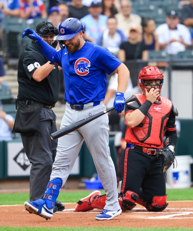 Cubs first baseman Michael Busch grimaces after being hit by a pitch in the first inning against the White Sox on July 25, 2025, at Rate Field. (John J. Kim/Chicago Tribune)