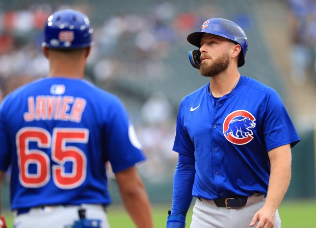 Cubs first baseman Michael Busch stands near first base in the first inning against the White Sox on July 25, 2025, at Rate Field. (John J. Kim/Chicago Tribune)