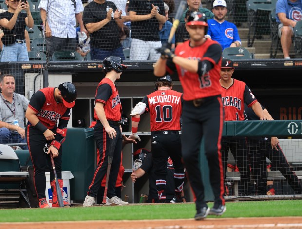 White Sox shortstop Chase Meidroth is congratulated after hitting a solo home run against the Cubs in the first inning on July 25, 2025, at Rate Field. (John J. Kim/Chicago Tribune)