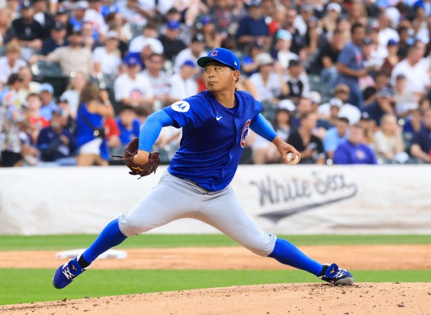 Cubs starter Shota Imanaga delivers against the White Sox in the first inning on July 25, 2025, at Rate Field. (John J. Kim/Chicago Tribune)
