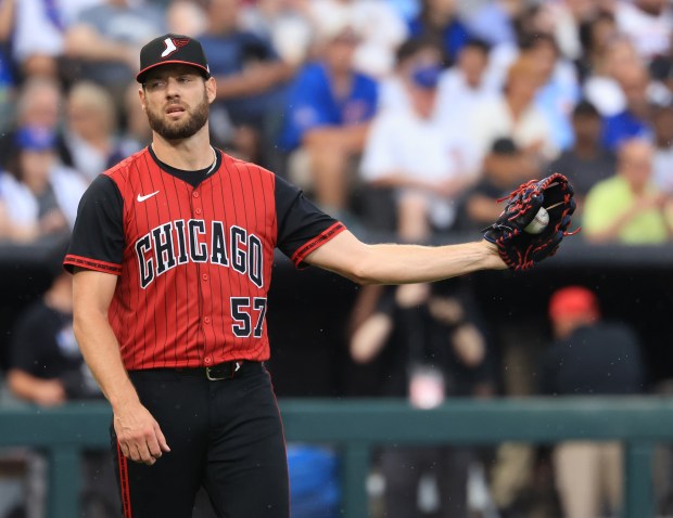 White Sox starter Adrian Houser retrieves a ball in the third inning against the Cubs on July 25, 2025, at Rate Field. (John J. Kim/Chicago Tribune)