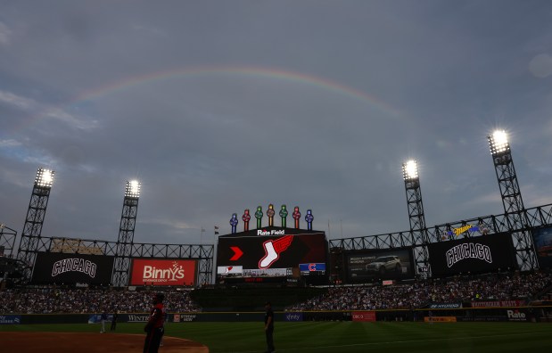 A rainbow appears in the third inning of a White Sox-Cubs game on July 25, 2025, at Rate Field. (John J. Kim/Chicago Tribune)