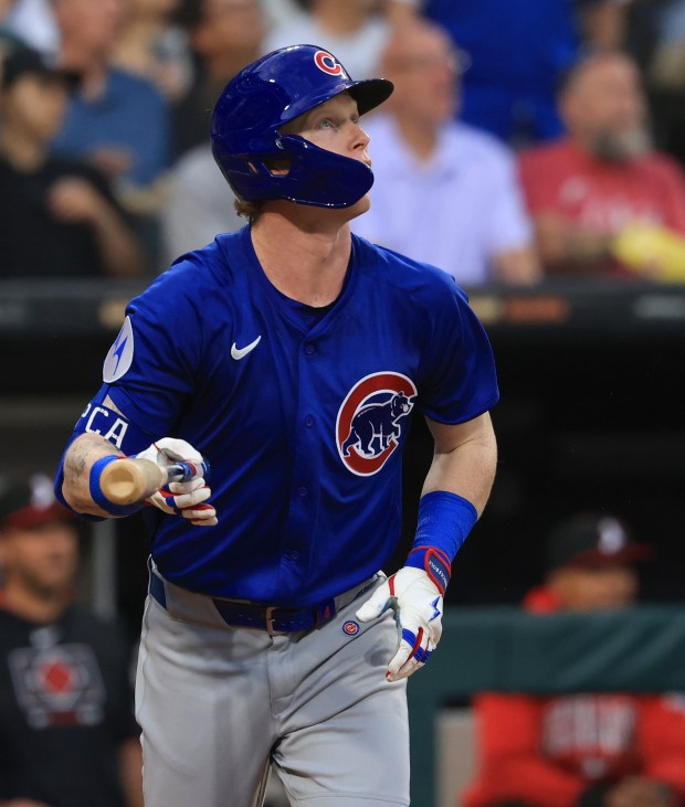 Cubs center fielder Pete Crow-Armstrong watches the ball fly for an out in the fourth inning against the White Sox on July 25, 2025, at Rate Field. (John J. Kim/Chicago Tribune)