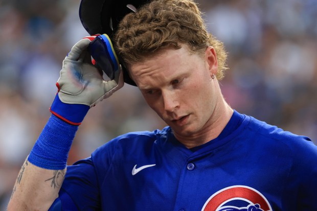 Cubs center fielder Pete Crow-Armstrong heads to the dugout after flying out against the White Sox in the fourth inning on July 25, 2025, at Rate Field. (John J. Kim/Chicago Tribune)