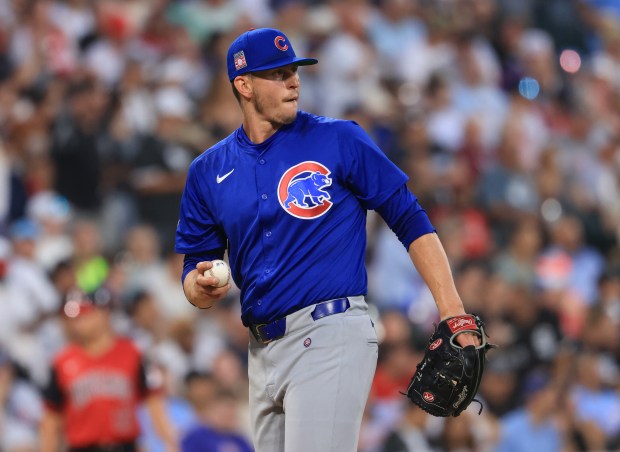 Cubs reliever Chris Flexen stands on the mound after giving up a two-run home run to White Sox right fielder Mike Tauchman in the fourth inning on July 25, 2025, at Rate Field. (John J. Kim/Chicago Tribune)