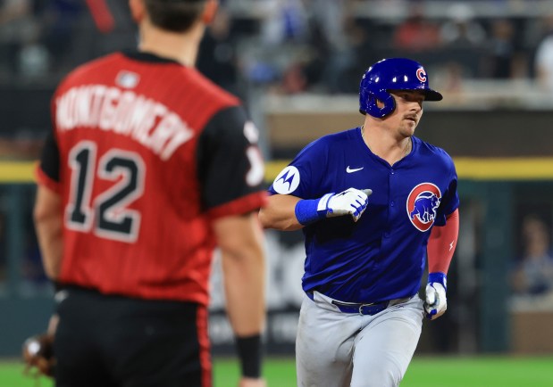 Cubs catcher Reese McGuire rounds the bases after hitting a three-run home run against the White Sox in the seventh inning on July 25, 2025, at Rate Field. (John J. Kim/Chicago Tribune)