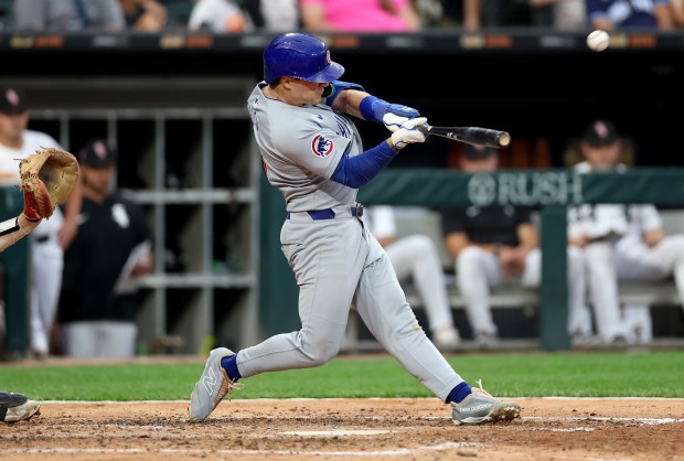 Cubs third baseman Matt Shaw connects for a two-run home run in the seventh inning against the White Sox on July 26, 2025, at Rate Field. (Chris Sweda/Chicago Tribune)