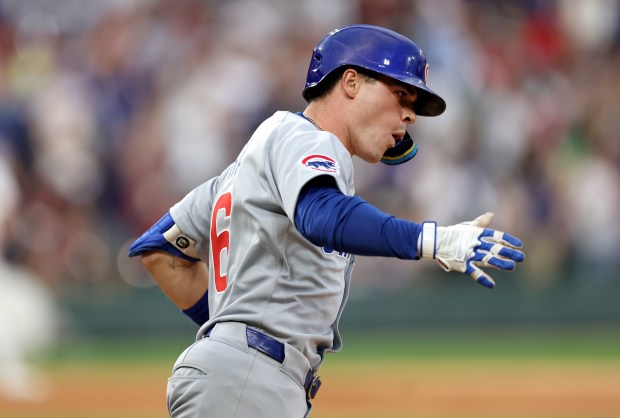 Cubs third baseman Matt Shaw celebrates as he rounds the bases after hitting a two-run home run in the seventh inning against the White Sox on July 26, 2025, at Rate Field. (Chris Sweda/Chicago Tribune)