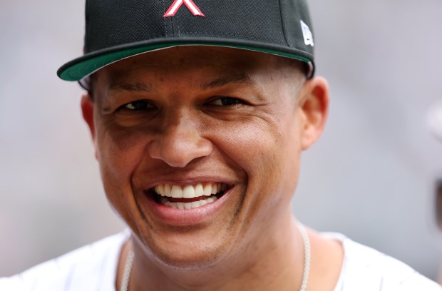White Sox manager Will Venable has a laugh as he stands on the field before a game against the Cubs on July 26, 2025, at Rate Field. (Chris Sweda/Chicago Tribune)