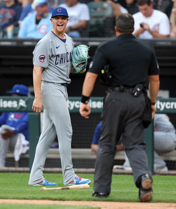 Cubs starter Cade Horton has a chat with the plate umpire after the second inning on July 26, 2025, at Rate Field. (Chris Sweda/Chicago Tribune)