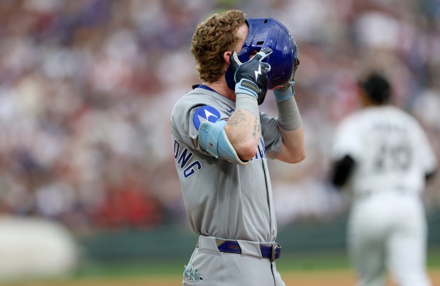 Cubs center fielder Pete Crow-Armstrong yells into his helmet after flying out in the fourth inning against the White Sox on July 26, 2025, at Rate Field. (Chris Sweda/Chicago Tribune)