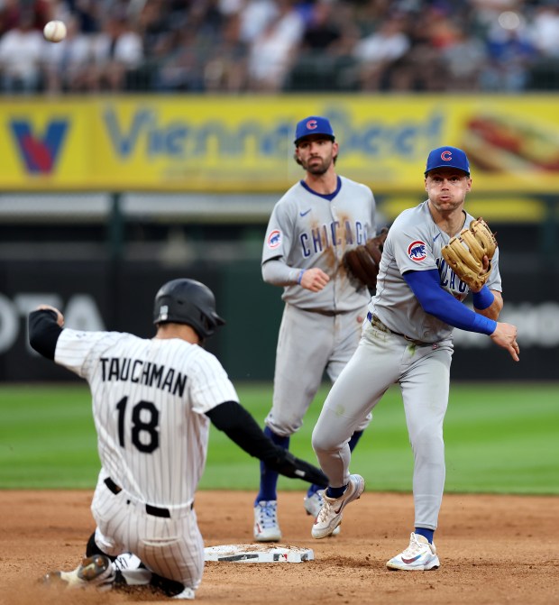 Cubs second baseman Nico Hoerner throws to first base to complete a double play after forcing out White Sox right fielder Mike Tauchman at second in the sixth inning on July 26, 2025, at Rate Field. (Chris Sweda/Chicago Tribune)