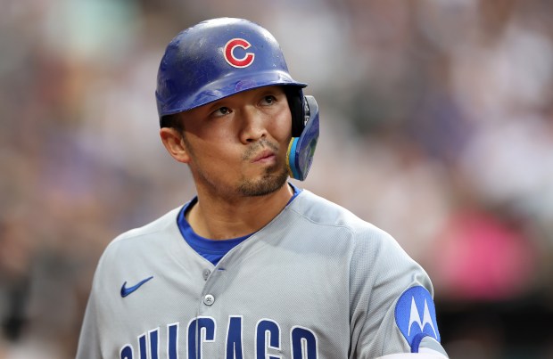 Cubs designated hitter Seiya Suzuki reacts after lining out in the sixth inning against the White Sox on July 26, 2025, at Rate Field. (Chris Sweda/Chicago Tribune)
