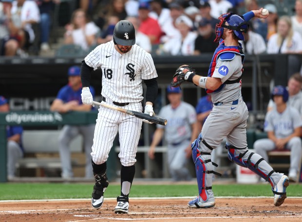 White Sox right fielder Mike Tauchman (18) walks to the dugout after striking out in the third inning against the Cubs on July 26, 2025, at Rate Field. (Chris Sweda/Chicago Tribune)