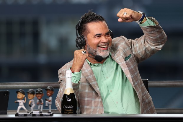 Former Chicago White Sox manager Ozzie Guillen has a laugh in the television studio as players from the 2005 World Series team gather for interviews to reflect on the 20-year anniversary before game two of a doubleheader between the Sox and the Cleveland Guardians on July 11, 2025. (Chris Sweda/Chicago Tribune)