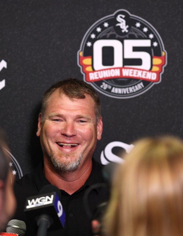 Former Chicago White Sox third baseman Joe Crede has a laugh while being interviewed during the 05 reunion weekend at Rate Field in Chicago before game two of a doubleheader between the Sox and the Cleveland Guardians on July 11, 2025. (Chris Sweda/Chicago Tribune)
