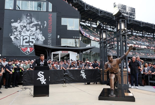Chicago White Sox great Mark Buehrle gives a speech after a new bronze statue of the pitcher was unveiled along the right field concourse at Rate Field in Chicago before game two of a doubleheader between the Sox and the Cleveland Guardians on July 11, 2025. (Chris Sweda/Chicago Tribune)