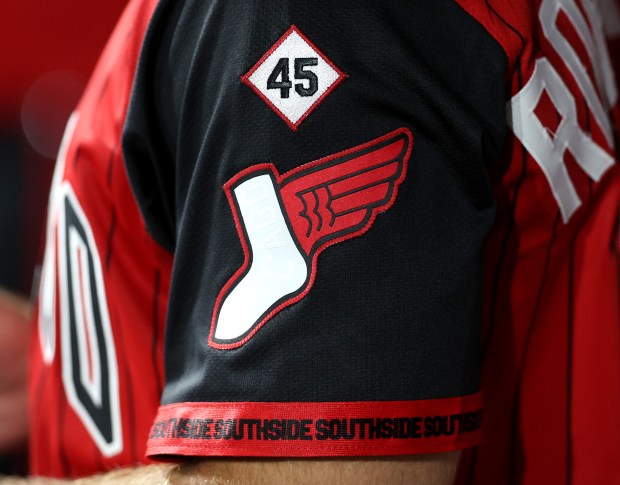 A #45 patch honoring former Chicago White Sox pitcher Bobby Jenks is seen on the uniforms of Sox players in the dugout in the seventh inning of game two of a double header against the Cleveland Guardians at Rate Field in Chicago on July 11, 2025. (Chris Sweda/Chicago Tribune)
