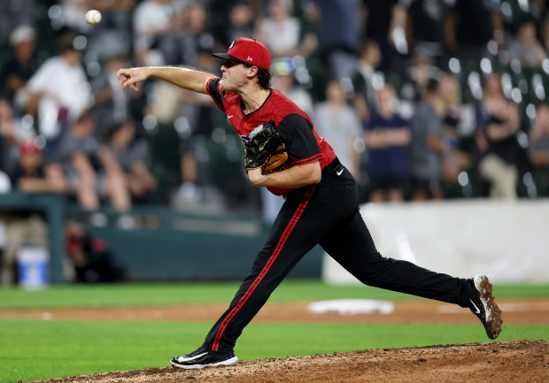 Chicago White Sox relief pitcher Mike Vasil (61) delivers to the Cleveland Guardians in the 10th inning of game two of a double header at Rate Field in Chicago on July 11, 2025. (Chris Sweda/Chicago Tribune)